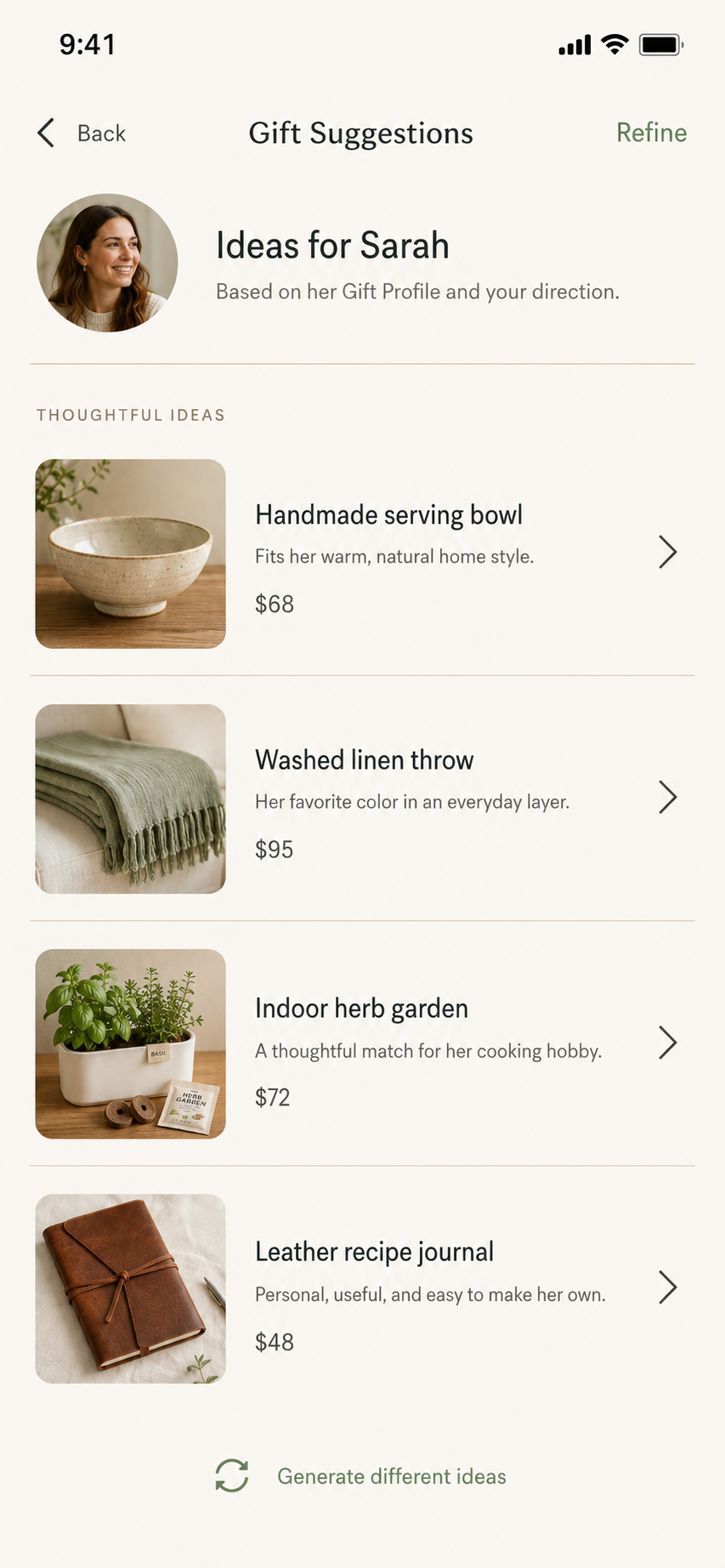 KYNII Gift Suggestions screen showing personalized ideas for Sarah based on her Gift Profile and the giver's direction