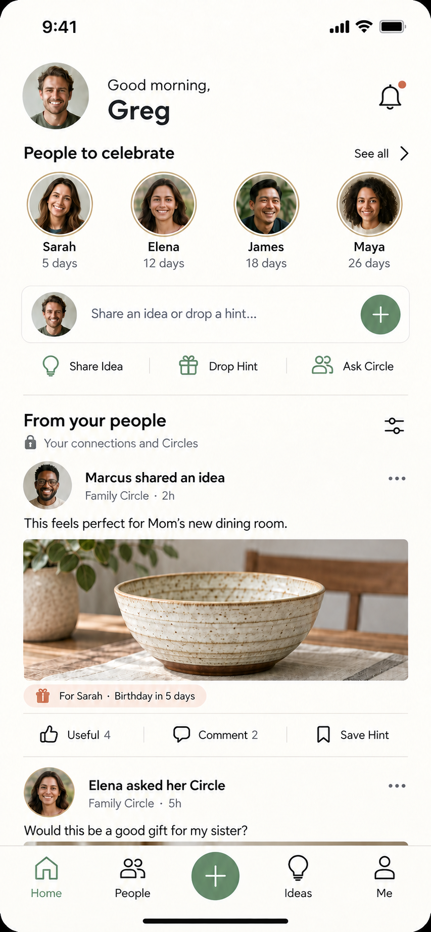 KYNII From your people screen showing shared gift ideas, Circle conversations, comments, reactions, and saved inspiration