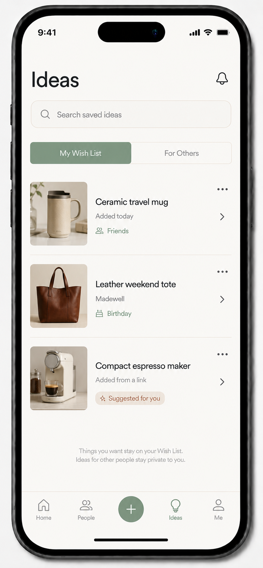 KYNII Ideas screen showing My Wish List, private ideas for others, and a personalized product suggestion