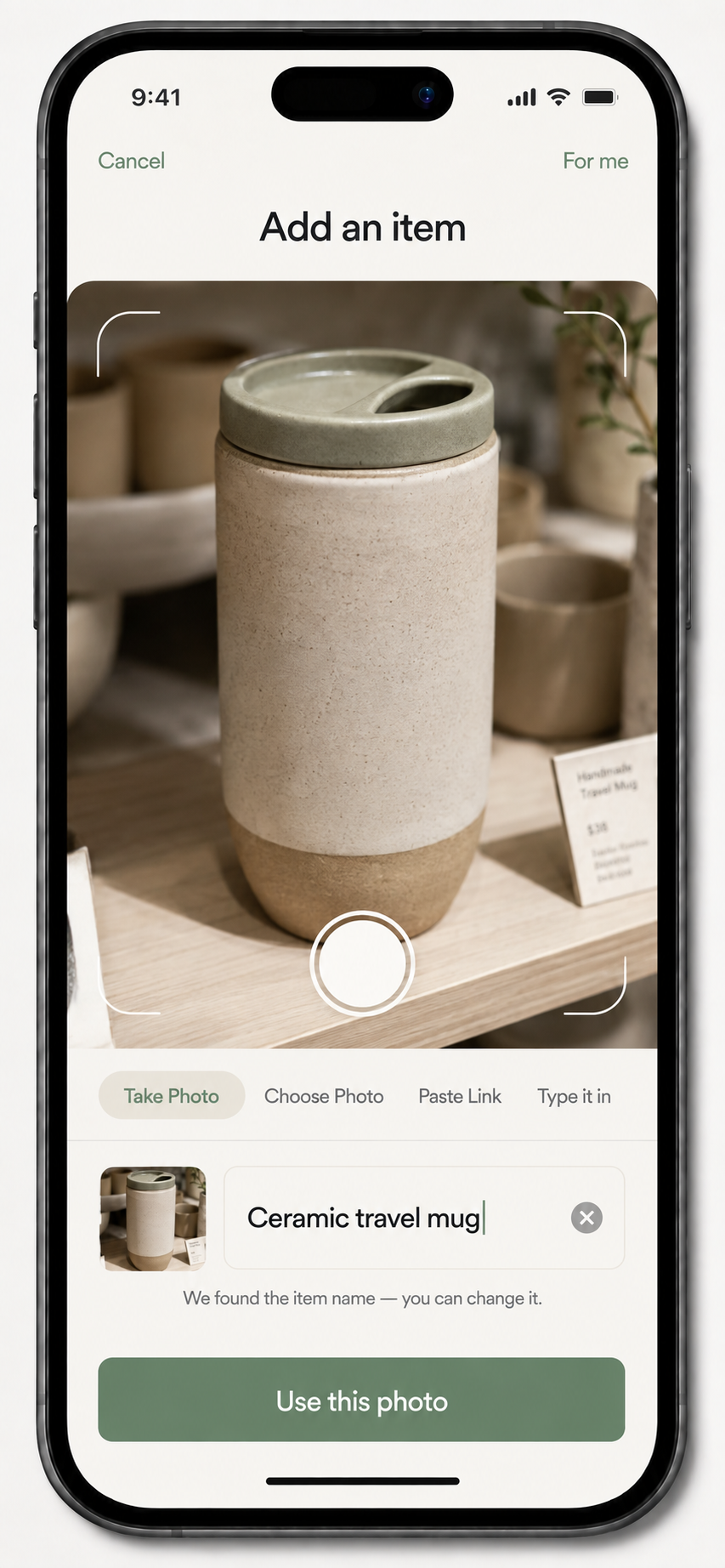 KYNII pre-beta Add an item screen identifying a ceramic travel mug from a photo