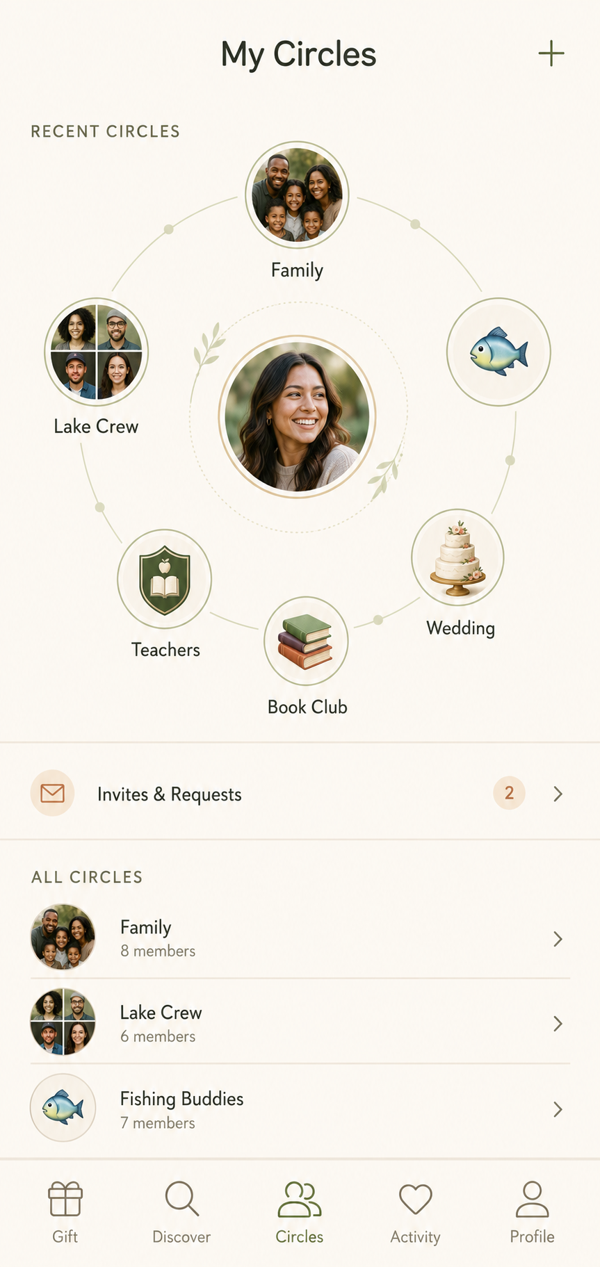 KYNII My Circles pre-beta screen showing family, friends, and personalized groups